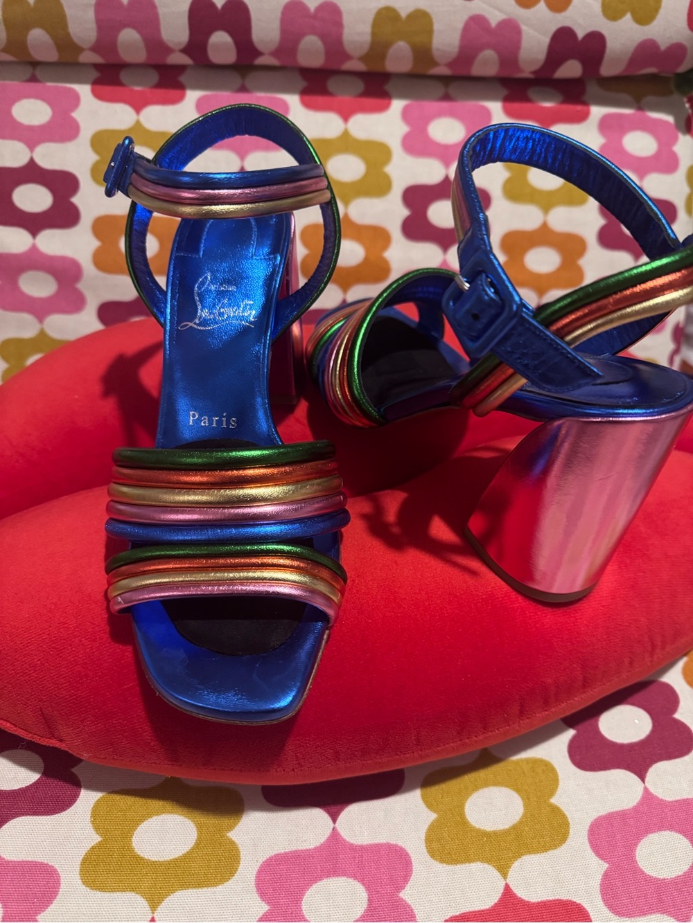 Christian Louboutin Metallic Blue Block Heel Sandals with Rainbow Straps Sz 37